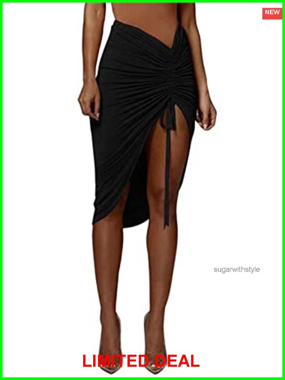 PRIMODA Women's Asymmetrical Bodycon Drawstring Ruched Midi Skirt High Slit